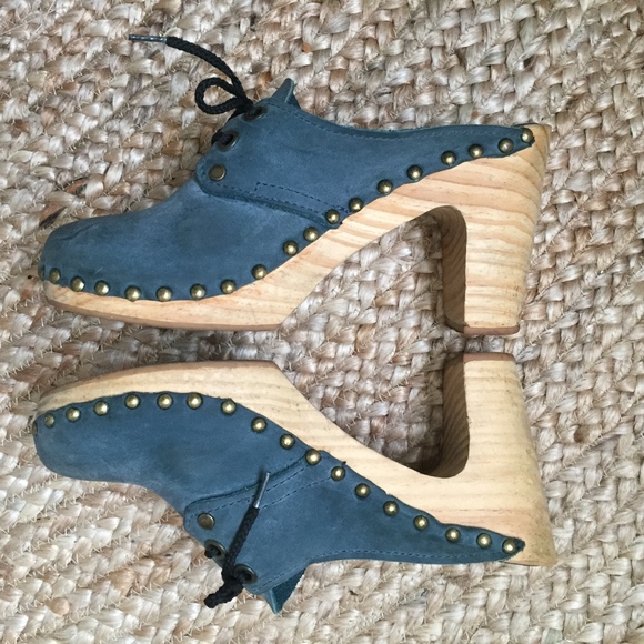 UGGLEBO Swedish Clogs Mules Heels Blue Suede Nubuck Lace-ups 7 - Picture 2 of 5